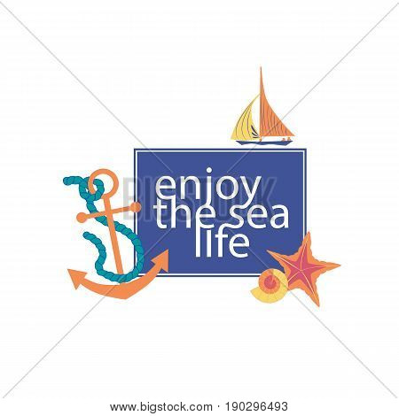 Nautical poster concept. Set of cute cartoon seaside symbols in retro cartoon style. Fancy letters maritime headline. Marine icons of vintage seashore lifestyle banner background. Vector illustration