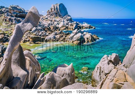 Rock formations in Capo Testa, Sardinia, Italy. Mediterranean coast. Natural granite rocks monument.