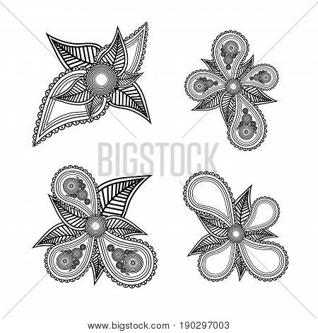 Set of ornate black and white vector floral design elements with patterns