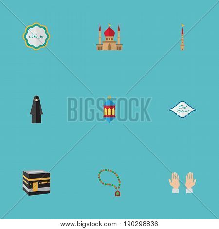 Flat Icons Mosque, Decorative, Arabic Calligraphy And Other Vector Elements. Set Of Holiday Flat Icons Symbols Also Includes Mekkah, Mubarak, Kaaba Objects.