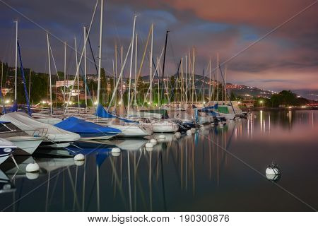 Pully in Vaud Canton at night by the shores of Lake Leman (Lake Geneva)