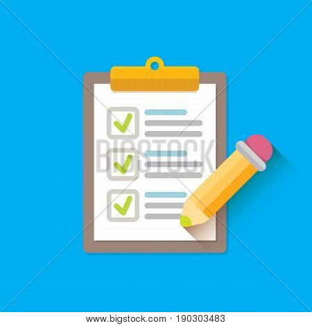 vector Clipboard icon with green checkmarks and otange pencil on blue background. Checklist vector flat style symbol
