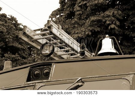 Beaulieu, Hampshire, Uk - May 29 2017: Sepia Toned Image Of An Antique British Fire Engine Showing B