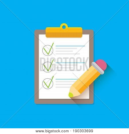 vector Clipboard icon with green checkmarks and otange pencil on blue background. Checklist vector flat style symbol