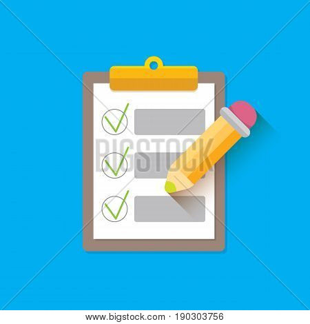 vector Clipboard icon with green checkmarks and otange pencil on blue background. Checklist vector flat style symbol