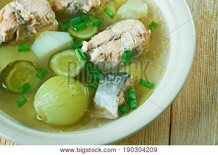 Russian fish solyanka soup with salmon. fish