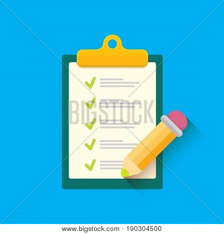 vector Clipboard icon with green checkmarks and otange pencil on blue background. Checklist vector flat style symbol