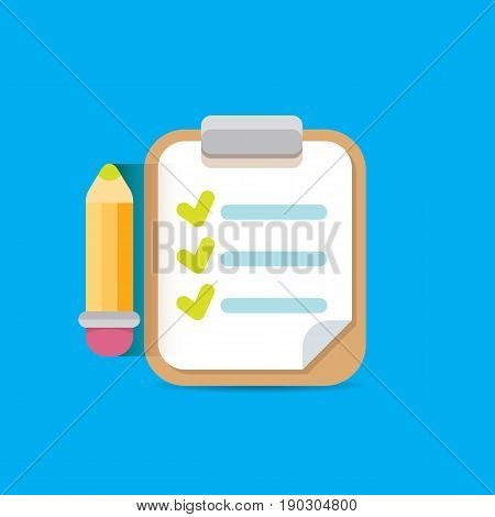 vector Clipboard icon with green checkmarks and otange pencil on blue background. Checklist vector flat style symbol