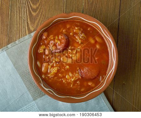 Chorizo Rice and Bean Soup.Spanish cuisine. close up