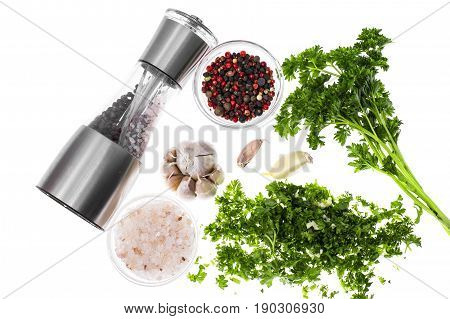Set of natural spices and herbs for cooking. Stuio Photo