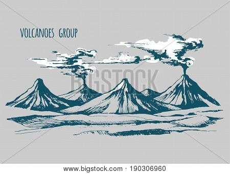 Volcanoes landscape vector sketch artist. Smoke before the eruption. Color illustration.