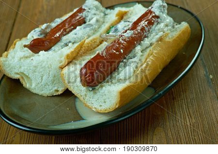 Baguette Franks. American Food Culture sausages hamburger,