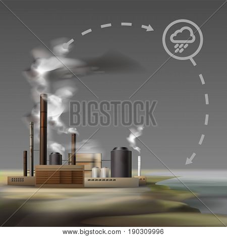Vector chemical factory with smoke from pipes and overcast weather, air pollution concept