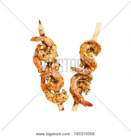 Grilled Shrimp Skewers Appetizer Isolated on White background. Selective focus.