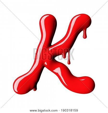 Glossy red letter K uppercase. 3D rendering font with glint isolated on white background.