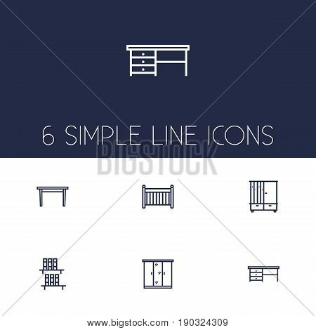 Set Of 6 Situation Outline Icons Set.Collection Of Crib, Bookshelf, Hall Tree And Other Elements.