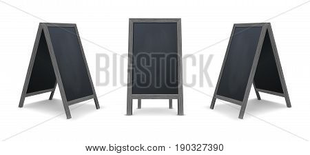Realistic special menu announcement board icon set. Vector clean restaurant outdoor blackboard background. Mockup of chalkboard for restaurant menu, isolated on white background. Design template in front and side view. EPS10 illustration.
