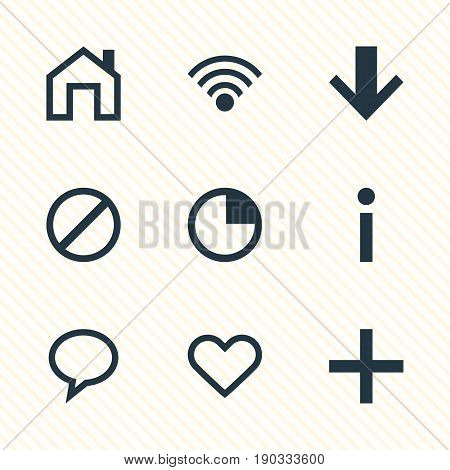 Vector Illustration Of 9 Interface Icons. Editable Pack Of Mainpage, Cordless Connection, Info And Other Elements.