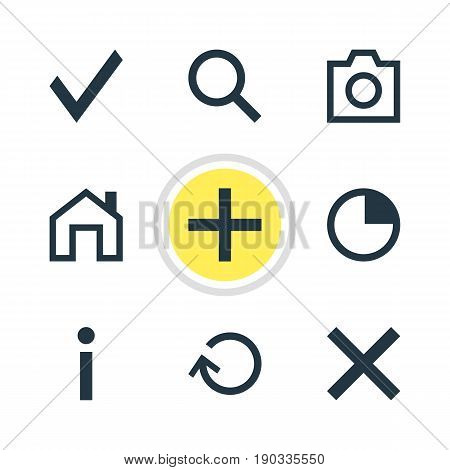 Vector Illustration Of 9 Interface Icons. Editable Pack Of Wrong, Mainpage, Snapshot And Other Elements.