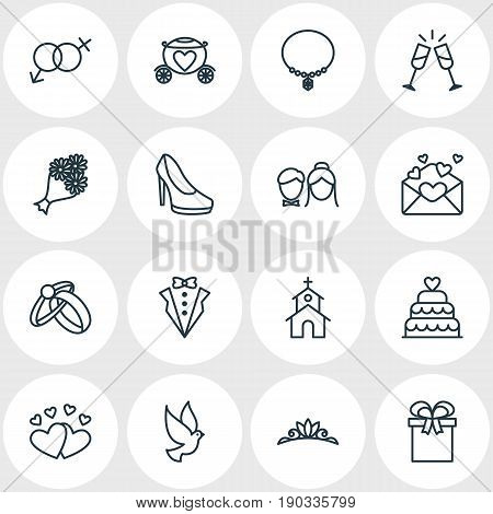 Vector Illustration Of 16 Marriage Icons. Editable Pack Of Bridegroom Dress, Jewelry, Chariot And Other Elements.