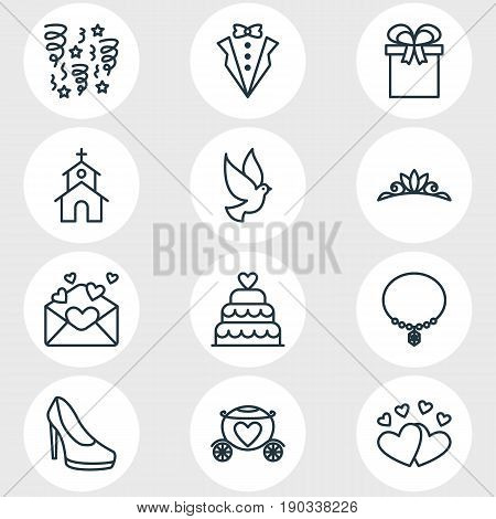 Vector Illustration Of 12 Engagement Icons. Editable Pack Of Card, Patisserie, Decoration And Other Elements.