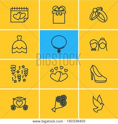 Vector Illustration Of 12 Wedding Icons. Editable Pack Of Chariot, Bridal Bouquet, Wedding Gown And Other Elements.