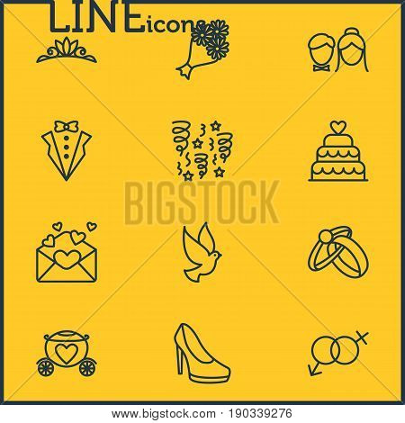 Vector Illustration Of 12 Wedding Icons. Editable Pack Of Bridegroom Dress, Engagement, Chariot And Other Elements.