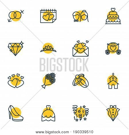 Vector Illustration Of 16 Wedding Icons. Editable Pack Of Wedding Gown, Bridegroom Dress, Building And Other Elements.