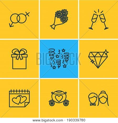 Vector Illustration Of 9 Wedding Icons. Editable Pack Of Bridal Bouquet, Brilliant, Decoration And Other Elements.
