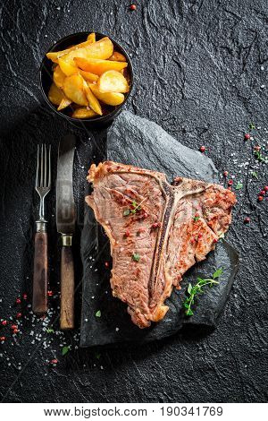 Closeup Of Homemade Tbone Steak And Chips