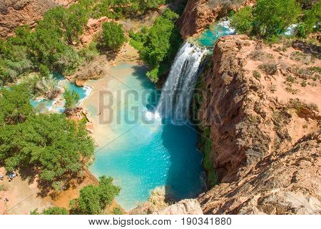 Havasu Falls in the daytime from the mesa above the falls. Wonderfull shadow from the sunlight in the spring.