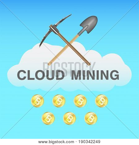 bitcoin cloud mining with pickaxe and shovel on cloud logo