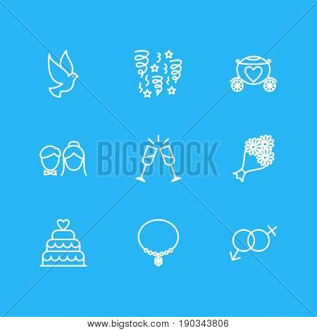 Vector Illustration Of 9 Engagement Icons. Editable Pack Of Decoration, Jewelry, Patisserie And Other Elements.