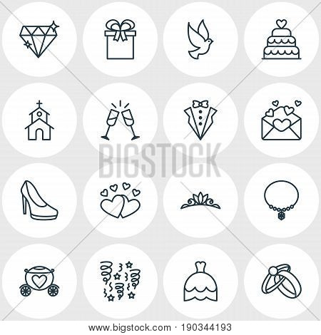 Vector Illustration Of 16 Wedding Icons. Editable Pack Of Pigeon, Brilliant, Present And Other Elements.