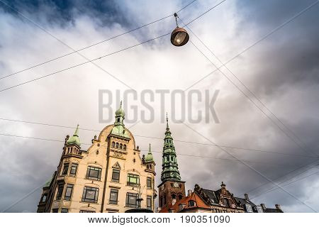 Copenhagen Denmark - August 10 2016. Stroget Street. Commercial street in historical city centre of Copenhagen a cloudy day of summer