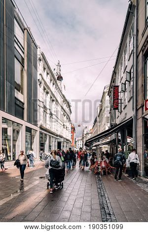 Copenhagen Denmark - August 10 2016. Stroget Street. Commercial street in historical city centre of Copenhagen a cloudy day of summer