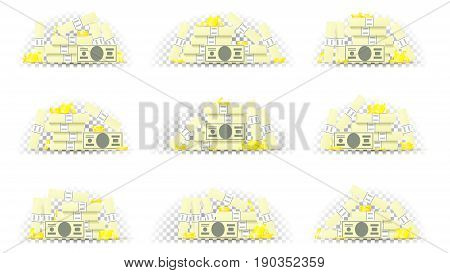 Set of paper money with golden coins in different position. Collection of greenbacks and metal money isolated on transparent backdrop. Vector illustration.