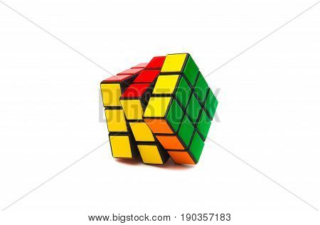 Estonia, Tallinn, May 30, 2017. Rubik's cube on white background