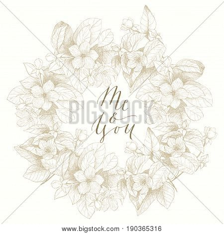 Vector floral backdrop. Blooming garden trees. Botanical Illustration engraving style. Soft brown tone. For lovers card, invitation, wedding, brides