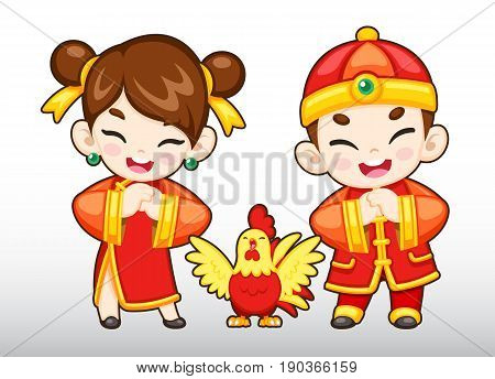 Vector Chinese Children in Red and Gold Outfit and a Rooster Illustration