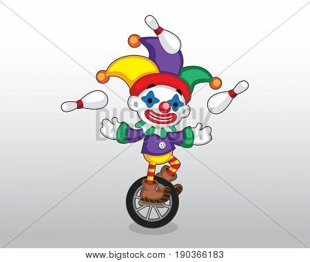 Vector Clown Juggling Pins on Wheel Illustration
