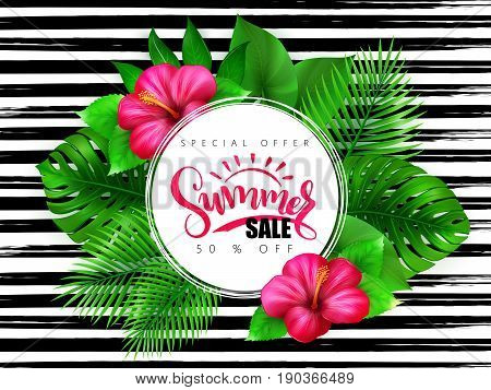 vector illustration of summer sale banner with hand lettering text surrounded with hibiscus flower and tropical leaves - monstera , palm, aralia on watercolor striped background.