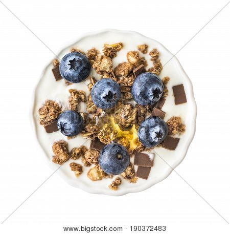 Bowl of Yogurt with Blueberries Muesli and Honey Isolated on White Background Top View