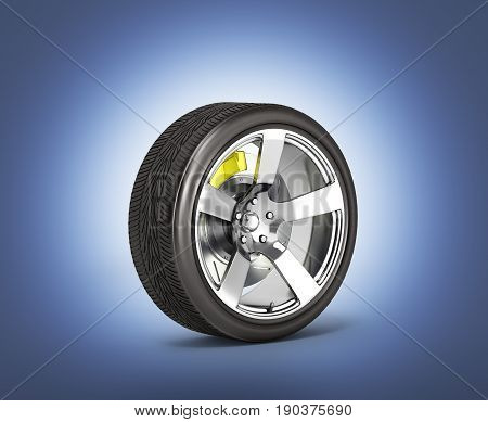 Car Wheel With Brake Isolated On Dark Blue Gradient Background Glows In The Dark 3D