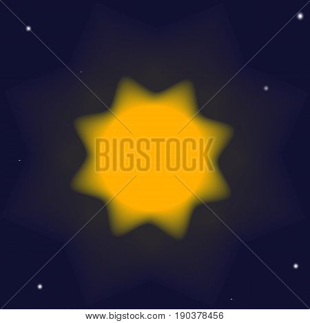 Schematic illustration of the sun in space. The sun is depicted on a blue background with stars. The illustration can be used as a computer wallpaper or background image.