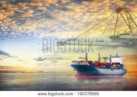 Container cargo ship and cargo plane with port crane bridge in harbor at sunset sky Freight Transportation Shipping