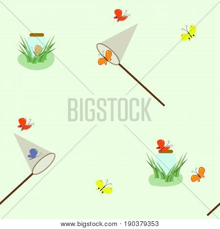 Seamless pattern with colorful flying butterflies nets and glass jars in cartoon style. Green spring or summer wallpaper for the computer or background for the site
