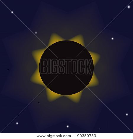 Illustration with a demonstration of a total eclipse of the sun. The moon closes the sun and only the blue sky the stars and the solar corona are visible.