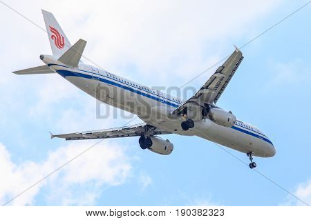 Bangkok, Thailand. - April 8, 2017 : Plane Airbus a321 of Air China Airlines on the sky landing to Suvanabhumi airport.