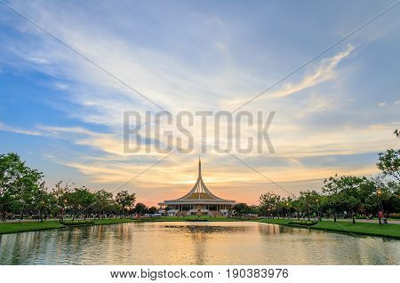 Bangkok, Thailand. - May 14, 2017 : Ratchamangkhala Pavilion at public park name Suan Luang Rama IX on sunset time Bangkok, Thailand.